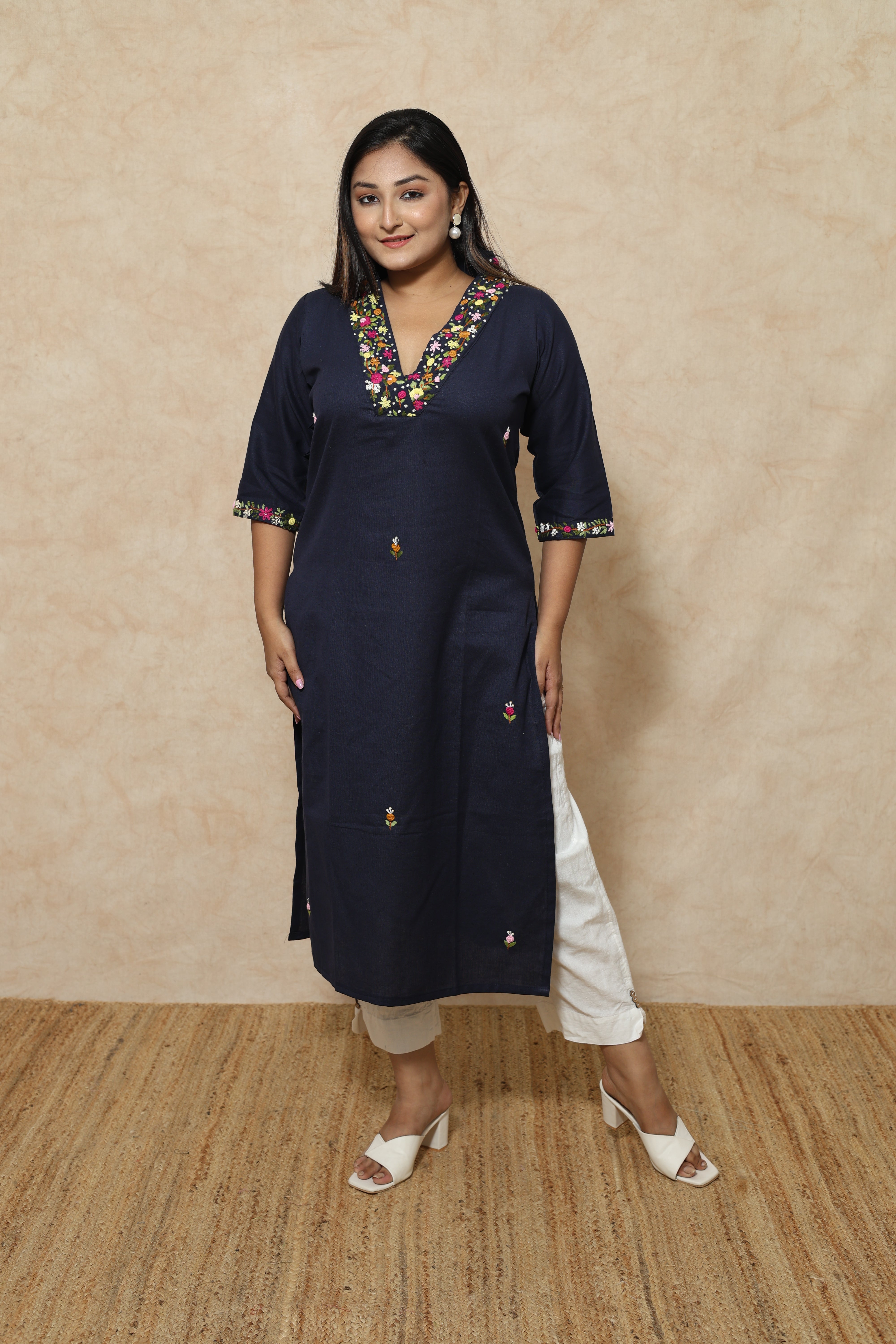 Mid Night Blue Cotton Hand Embroidery Kurta